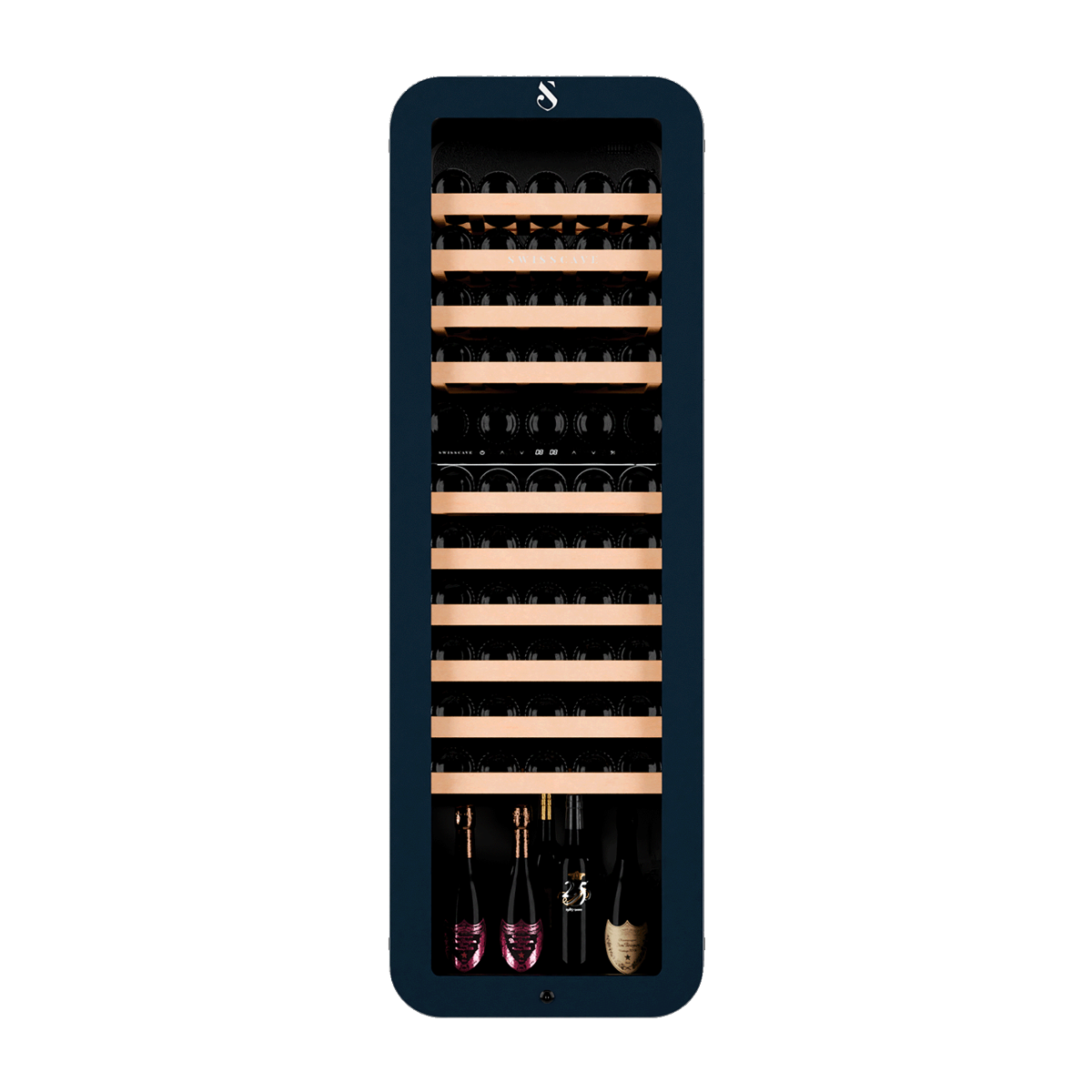 SWISSCAVE PREMIUM EDITION WLB-320DF-BLACK Weinkühlschrank – Frontansicht mit Glastür