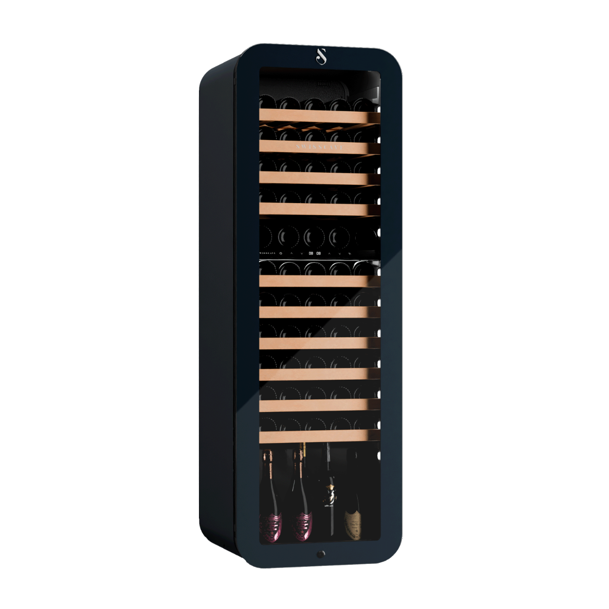 SWISSCAVE PREMIUM EDITION WLB-320DF-BLACK Weinkühlschrank – leicht seitliche Ansicht