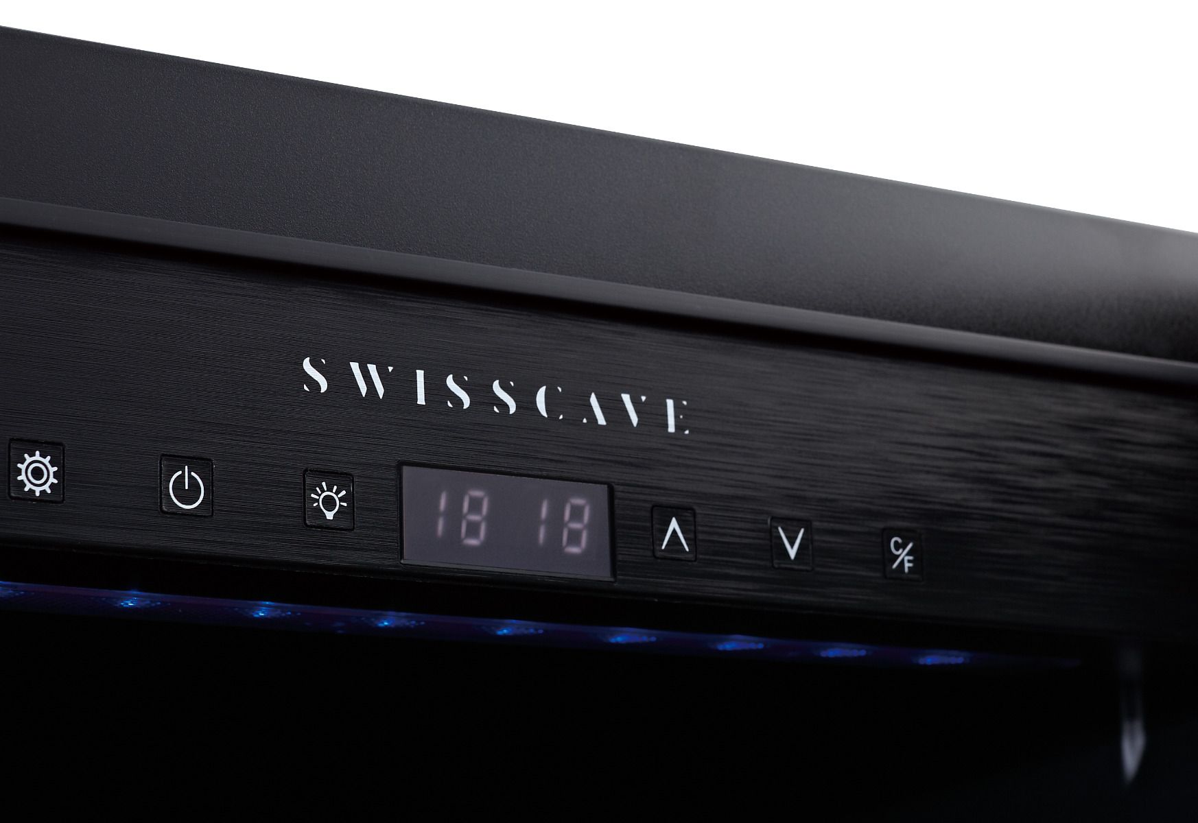 SWISSCAVE Schriftzug am Display mit blauer Beleuchtung – WLB-160DF PREMIUM EDITION