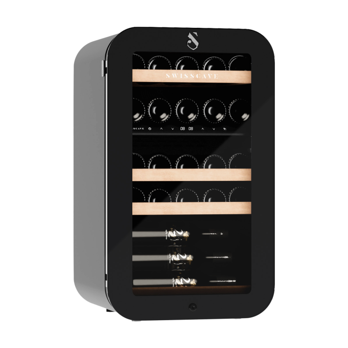 SWISSCAVE PREMIUM EDITION WLB-120DF-BLACK Weinkühlschrank – leicht seitliche Ansicht