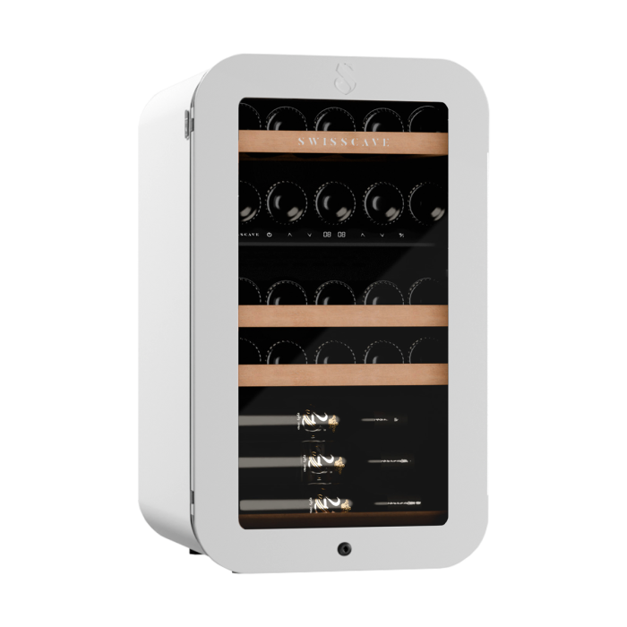 SWISSCAVE PREMIUM EDITION WLB-120DF-WHITE Weinkühlschrank – leicht seitliche Ansicht
